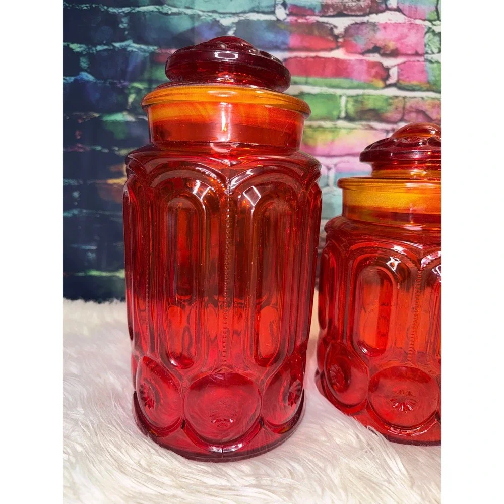 Vintage LE Smith Moon and Star Amberina Red UV Reactive Glass Canister Set 4pc